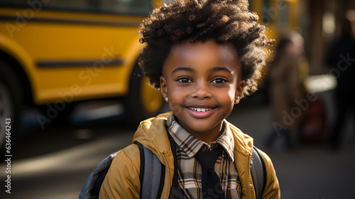 Adorable smiling African American school girl dressed warmly outside near the school bus - Generative AI.