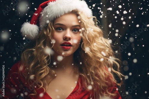 Attractive blond female santa claus portrait long hairs and red and white heat, generative ai
