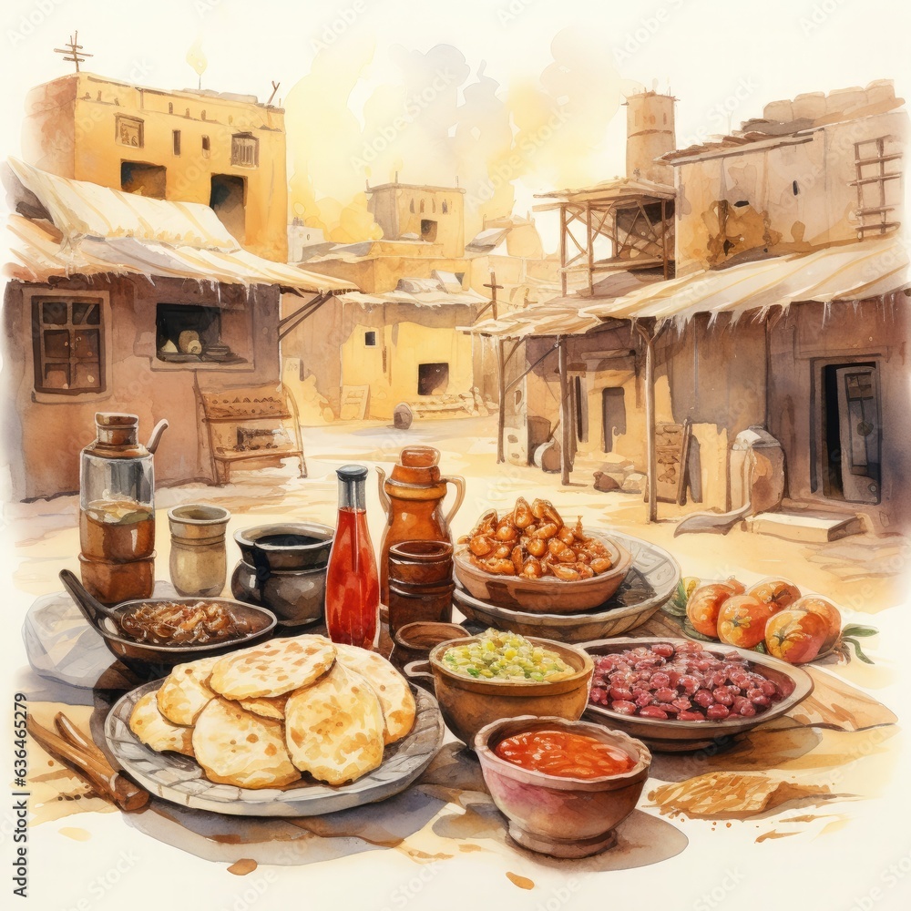 UAE Cuisine and Traditional Food Illustration