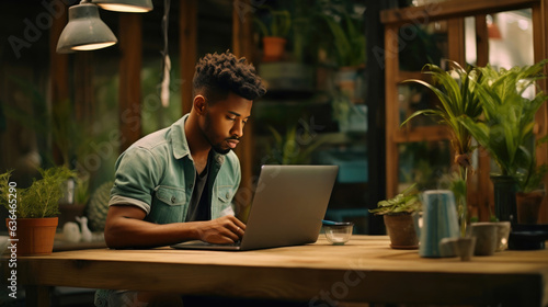 Young Black Man Engaged in Laptop Work © AIproduction