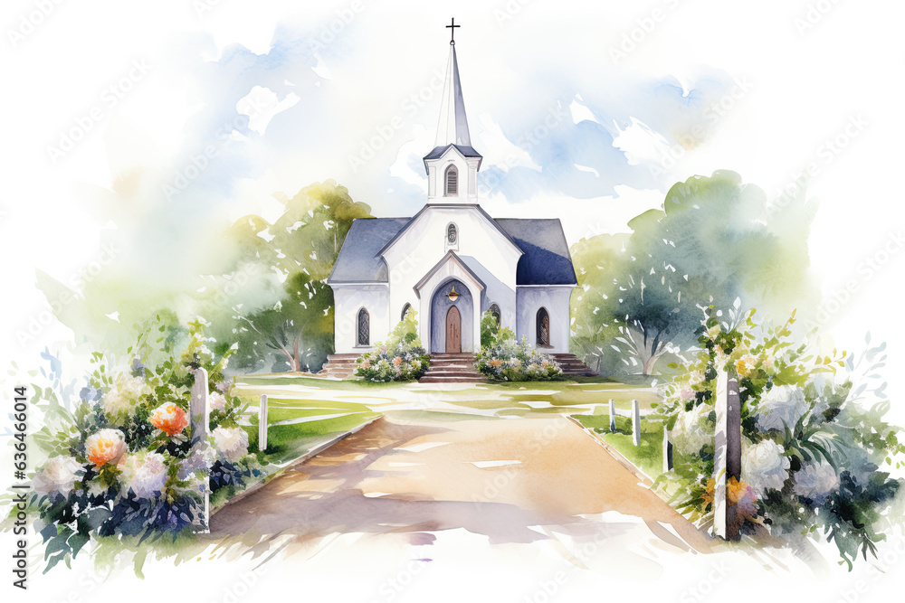 Watercolor Catholic Church Painting on White, wedding Clip art. - obrazy, fototapety, plakaty 