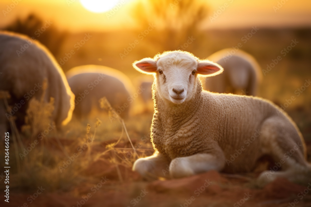Obraz premium Beautiful Portrait of Little Lamb Resting on Grass at Sunset