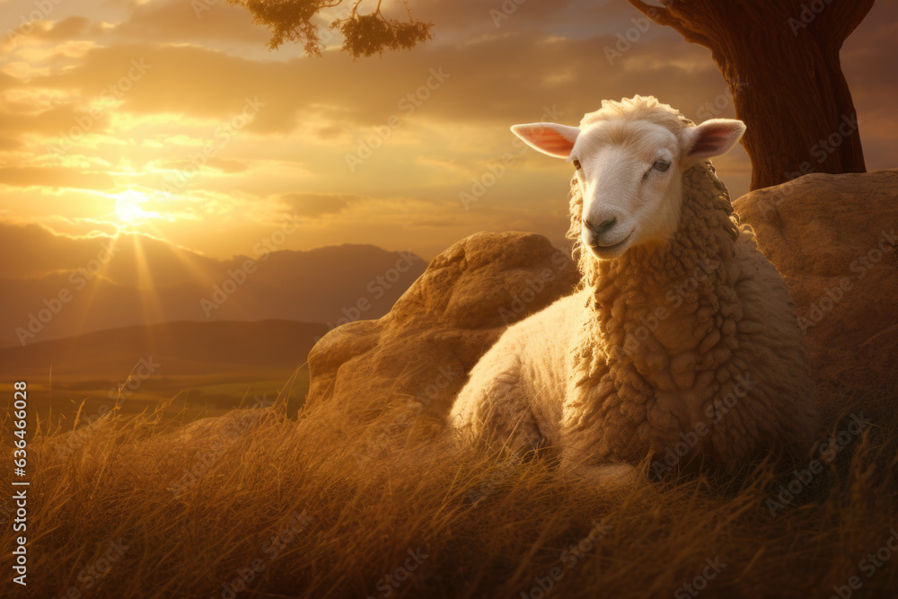 Fototapeta premium Sheep Resting on Grass at Sunset