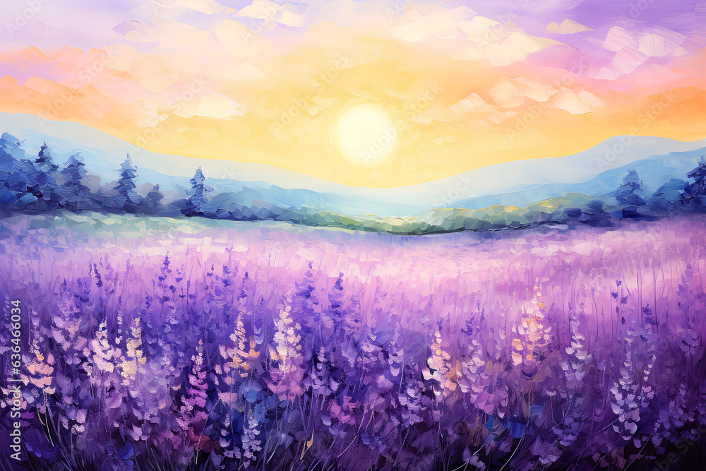 Bright Purple Field of Lavender at Sunset in Provence, Brush Strokes Acrylic Painting. Canvas Texture. - obrazy, fototapety, plakaty 