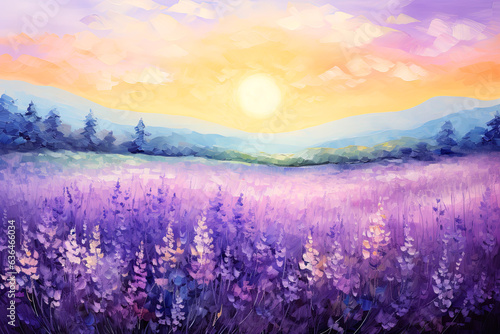 Bright Purple Field of Lavender at Sunset in Provence  Brush Strokes Acrylic Painting. Canvas Texture.