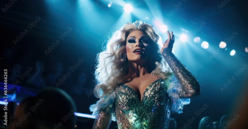 Drag queen captivating audience on stage.