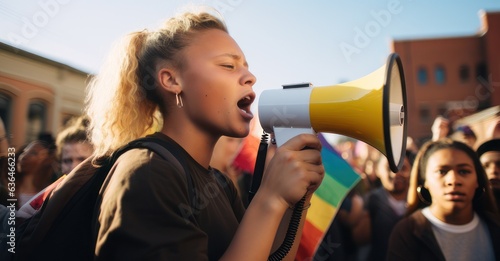 LGBTQ+ activist speaking fervently at a rally.