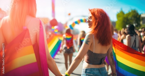 Lesbian couple at pride parade, flags fluttering.