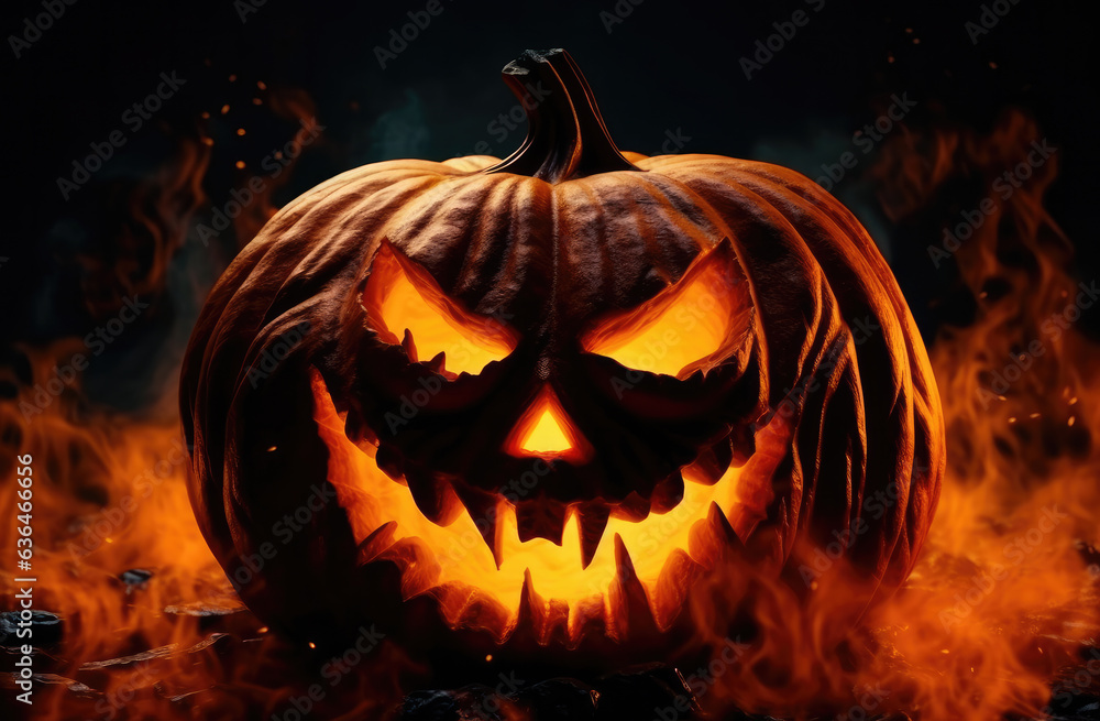 Fototapeta premium Halloween night. Candle lit Halloween Pumpkins. Halloween Backdrop with spooky pumpkins. Post-processed generative AI