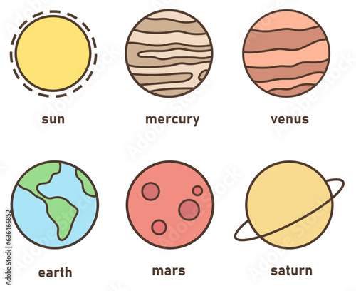 Solar system cartoon planets set. Set of sun, mercury, venus, earth, mars and saturn.