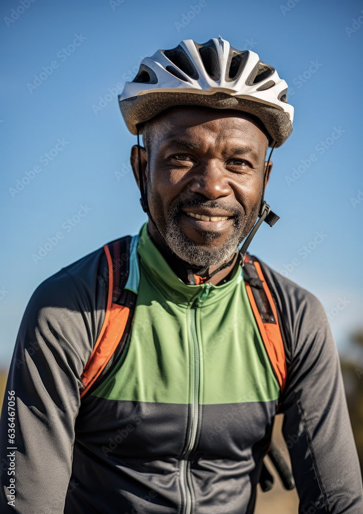 Obraz premium African American man in cycling helmet. Bicycle rider, outdoor closeup portrait. Generative AI