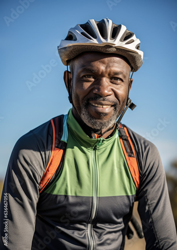African American man in cycling helmet. Bicycle rider, outdoor closeup portrait. Generative AI