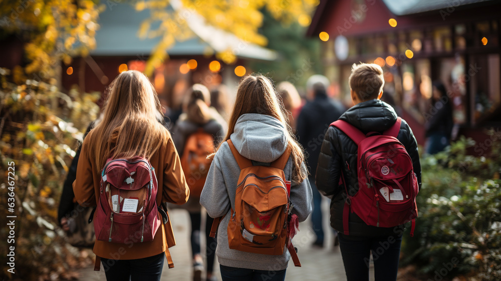 Young children wearing backpacks walking to school on a beautiful fall morning - Generative AI. Young children wearing backpacks walking to school on a beautiful fall morning - Generative AI.