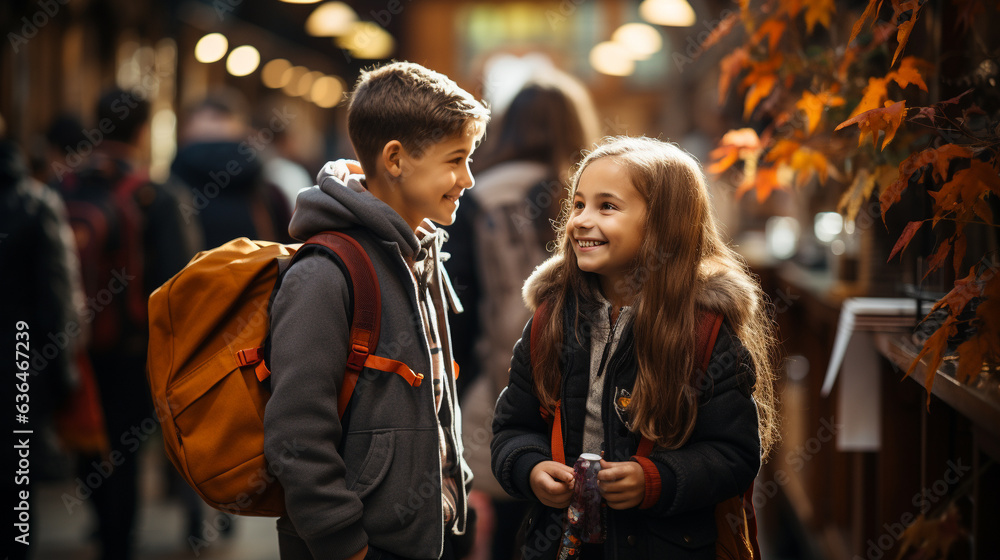 Two young student boy and girl friends wearing backpacks at school - Generative AI. Two young student boy and girl friends wearing backpacks at school - Generative AI.