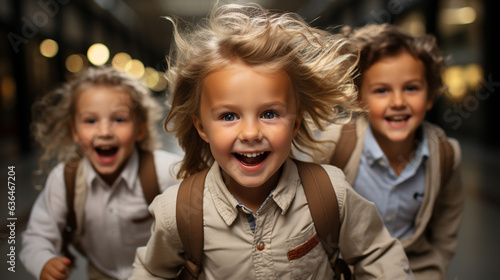 Excited young children laughing and running down the hallway of thier school - Generative AI.