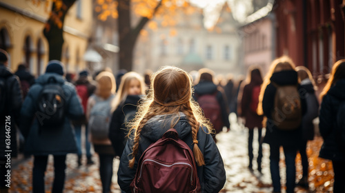  Back view behind children with backpacks walking to school on a fall morning - Generative AI.