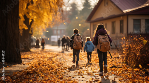 Young children wearing backpacks walking to school on a beautiful fall morning - Generative AI.