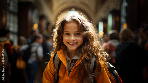 Cute young school girl walking down the hallway of her school - Generative AI. © Andy Dean