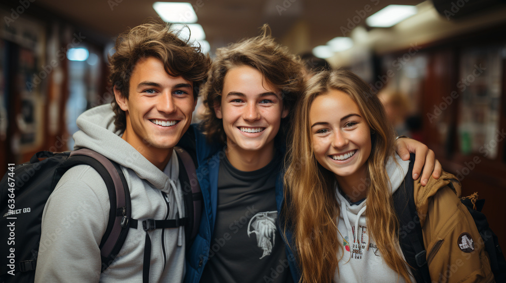 Obraz premium Happy and excited teenaged students walking down the hallway of their school - Generative AI.