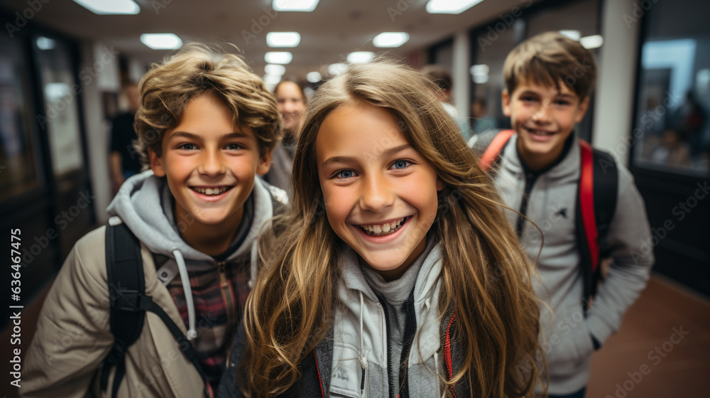 Happy and excited teenaged students walking down the hallway of their school - Generative AI.