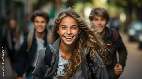 Happy and excited teenaged students walking on the campus of their school - Generative AI. © Andy Dean