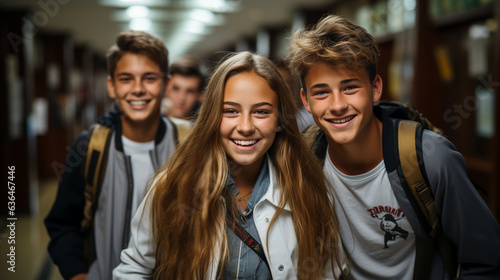 Happy and excited teenaged students walking down the hallway of their school - Generative AI.