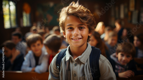  Young handsome smiling caucasian boy student in school classroom - Generative AI.