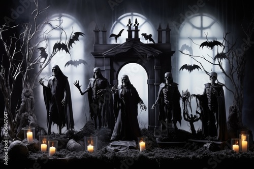 halloween diorama Spooky Graveyard Cave with skeletons, bats, candles, generative ai