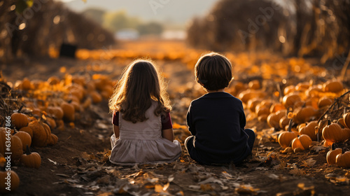 Two young children sitting amidst the pumpkins at the pumpkin patch farm on a fall day - Generative AI.