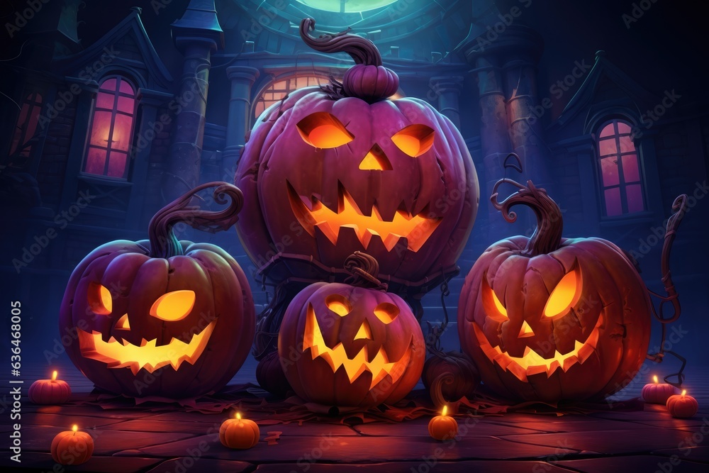 Spooky Halloween Pumpkins in Front of a Mansion, generative ai Spooky Halloween Pumpkins in Front of a Mansion, generative ai