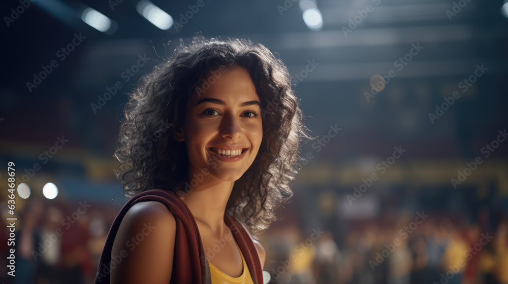 woman in basketball stadium, Generative AI