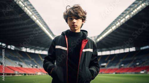 A young man posing against soccer stadium, football stadium, Generative AI © Gasia