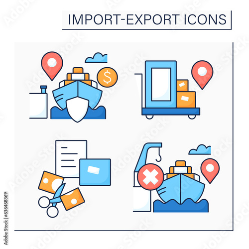 Import and export color icons set.Declare, free alongside ship, cost, insurance and freight, cargo.International trade concept. Isolated vector illustrations