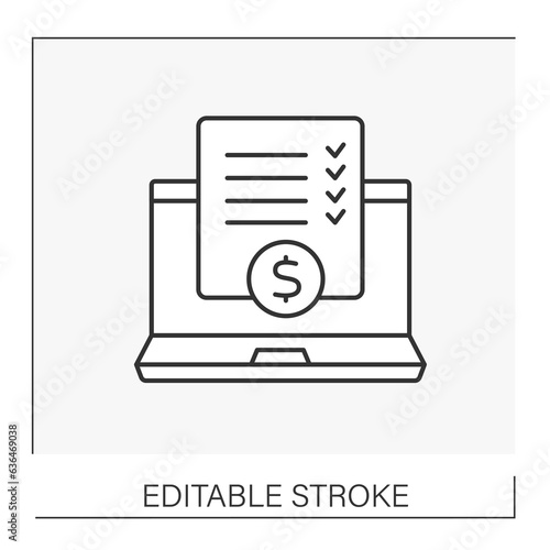  Document line icon.Checklist prepared on laptop. Contract concept. Isolated vector illustration. Editable stroke