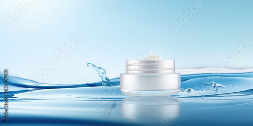 White and blank cosmetic cream round jar standing in water splashes  creative banner for skin care product presentation  moisturizing cream mockup. 3d render illustration style.