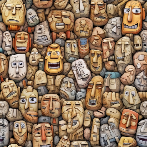 Seamless background from a pile of stone or ceramic grotesque faces, that are on top of each other.