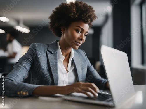 African American female sitting at desk in an office and working on her laptop.