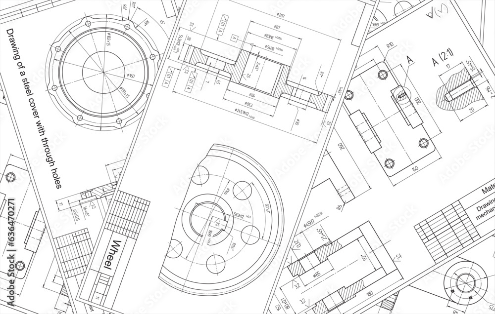 Fototapeta premium Vector engineering drawing of a steel mechanical parts with through holes. Industrial cad scheme on white paper sheets. Technology background.
