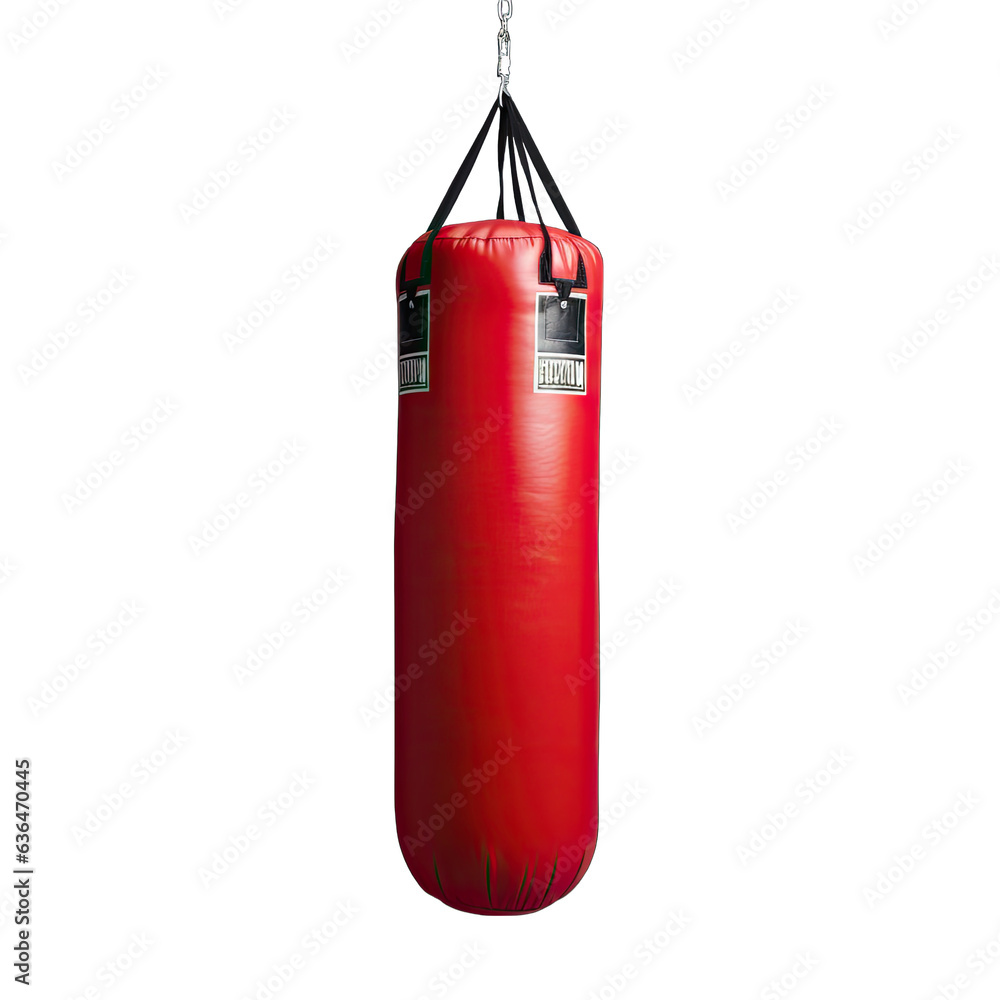 A red punching bag hanging from a chain in a fitness gym