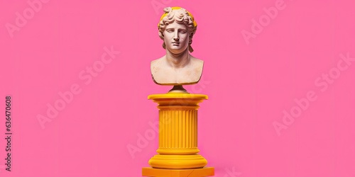Canvas Print An emoticon like classical bust with no faces stands on a yellow pedestal against a pink backdrop in this artwork