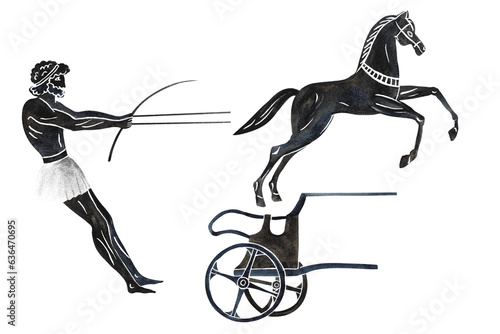 Vászonkép Set with a black silhouette of an ancient Greek chariot