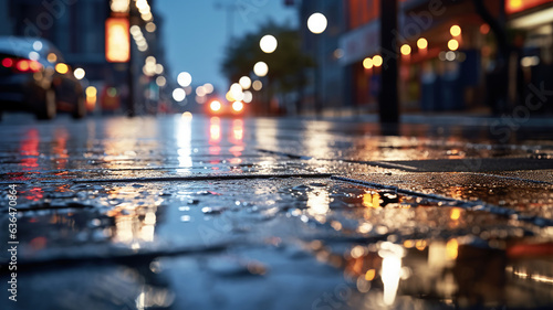 Reflective lights dancing on the rain slicked street