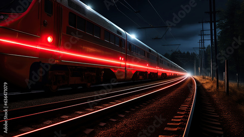 Trails of light left by a moving train in the darkness of night