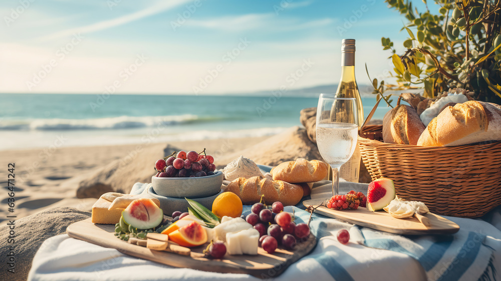 Picnic setup on the beach featuring a variety of food and beverages - obrazy, fototapety, plakaty 