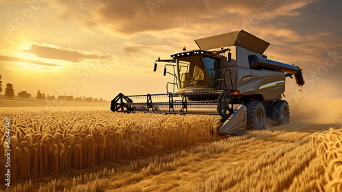 The operational combine harvester is gathering the wheat