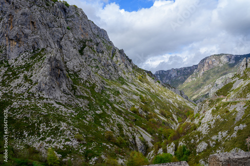 Driving narrow mountain road from Los Arenas to remote mountain village Sotres  Picos de Europa mountains  Asturias  North of Spain
