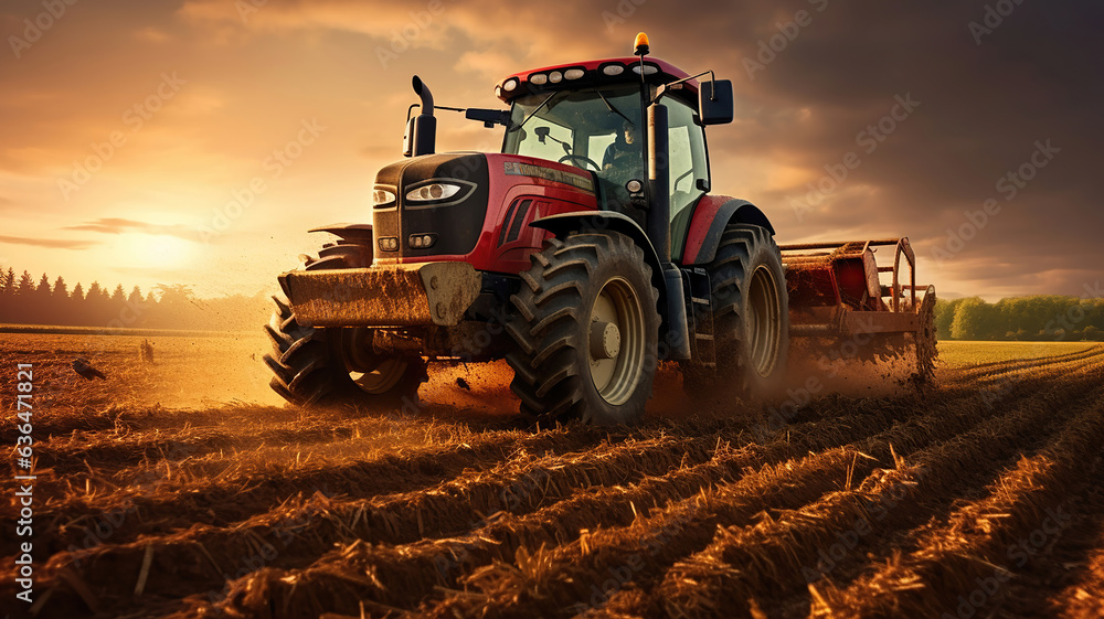 Field Plowing with a Tractor at Sunrise Field Plowing with a Tractor at Sunrise
