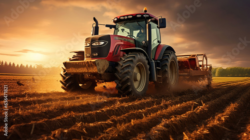 Field Plowing with a Tractor at Sunrise