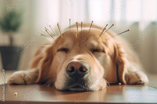 Golden retriever puppy undergoing acupuncture treatment photo