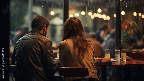 Individuals relishing indoor coffee as rain falls outside